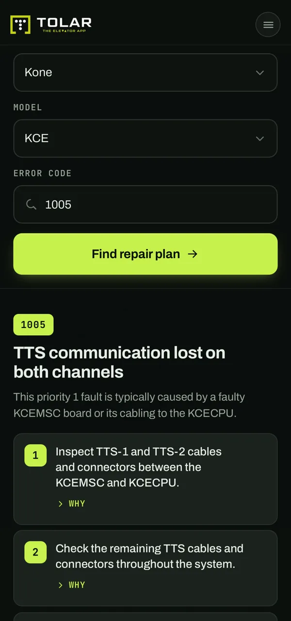 A Tolar repair plan for Kone KCE error code 1005